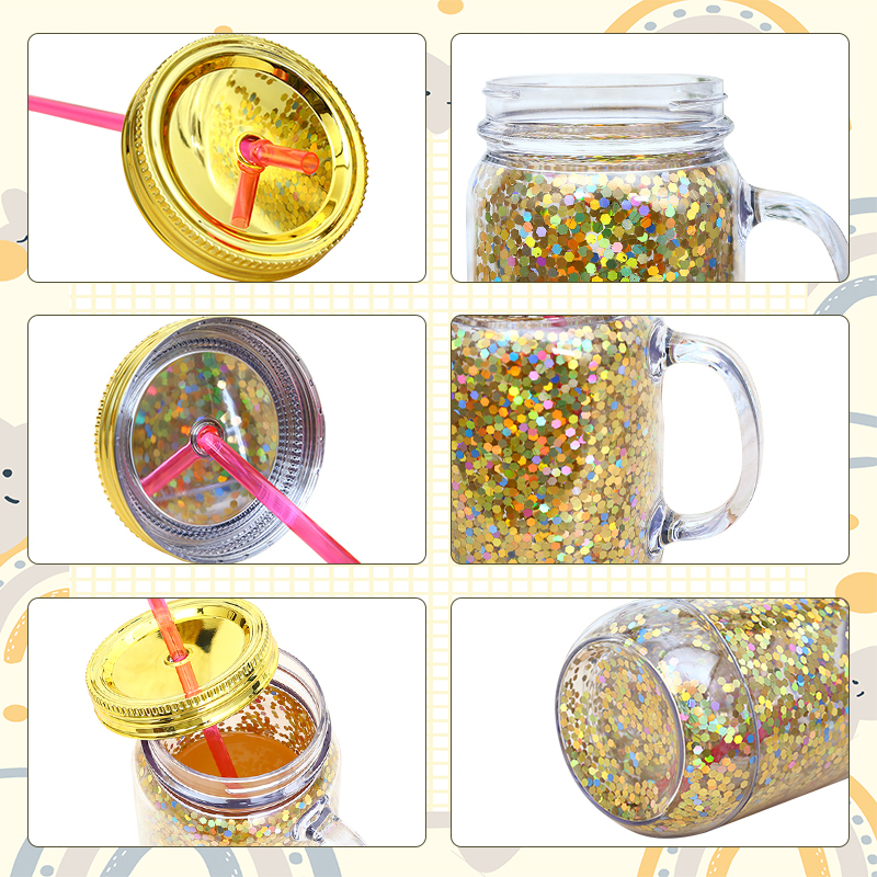 RTS Stock Snow Globe Tumbler Glitter BPA Free Plastic Handle 22oz Mason Jar with Straw and Lid Custom Plastic Cups