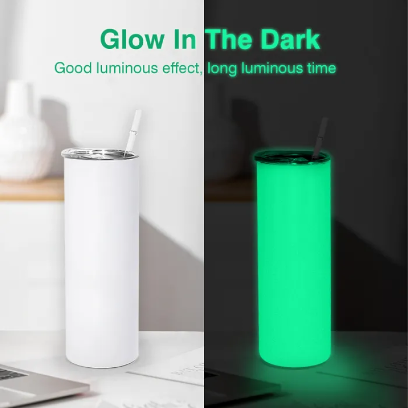RTS USA 20oz Glow in the Dark White to Green Straight Stainless Steel Tumbler with Straw Stocked at Warehouse for Sublimation