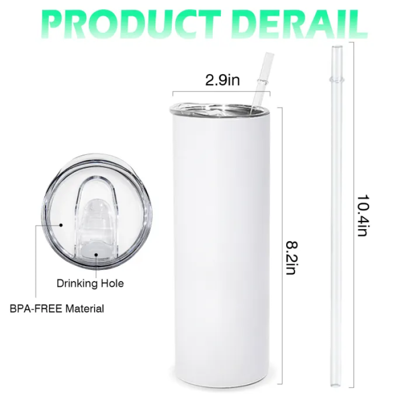 RTS USA 20oz Glow in the Dark White to Green Straight Stainless Steel Tumbler with Straw Stocked at Warehouse for Sublimation