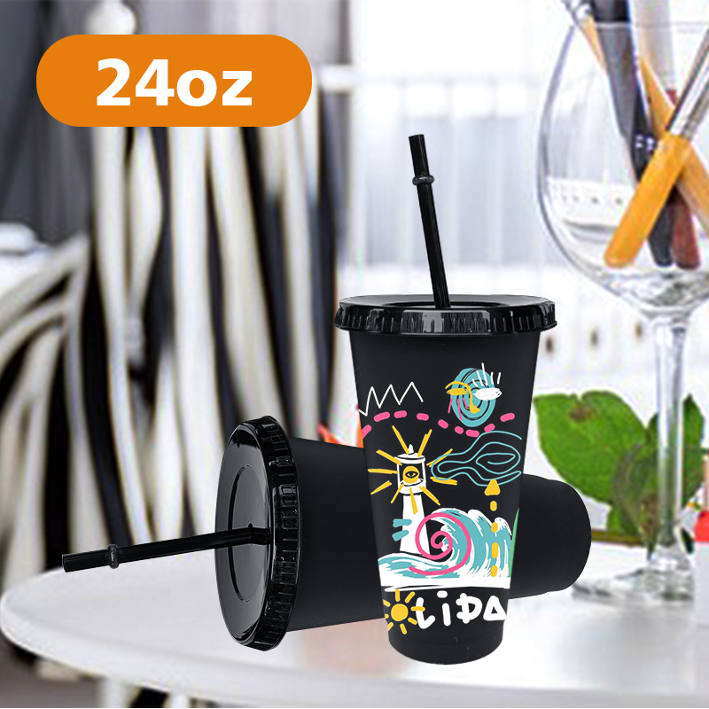 Custom logo Creative Matte Black Plastic Cups 24oz Personalization Single Layer PP Plastic Tumbler with Lid and Straw