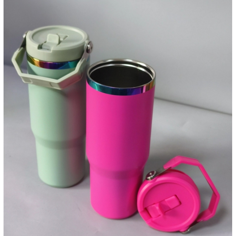 Custom Rainbow Under Tumbler Powder Coated 30oz Water Bottle With Leak Proof Flip Straw Lid Portable Handle for Laser Engraving