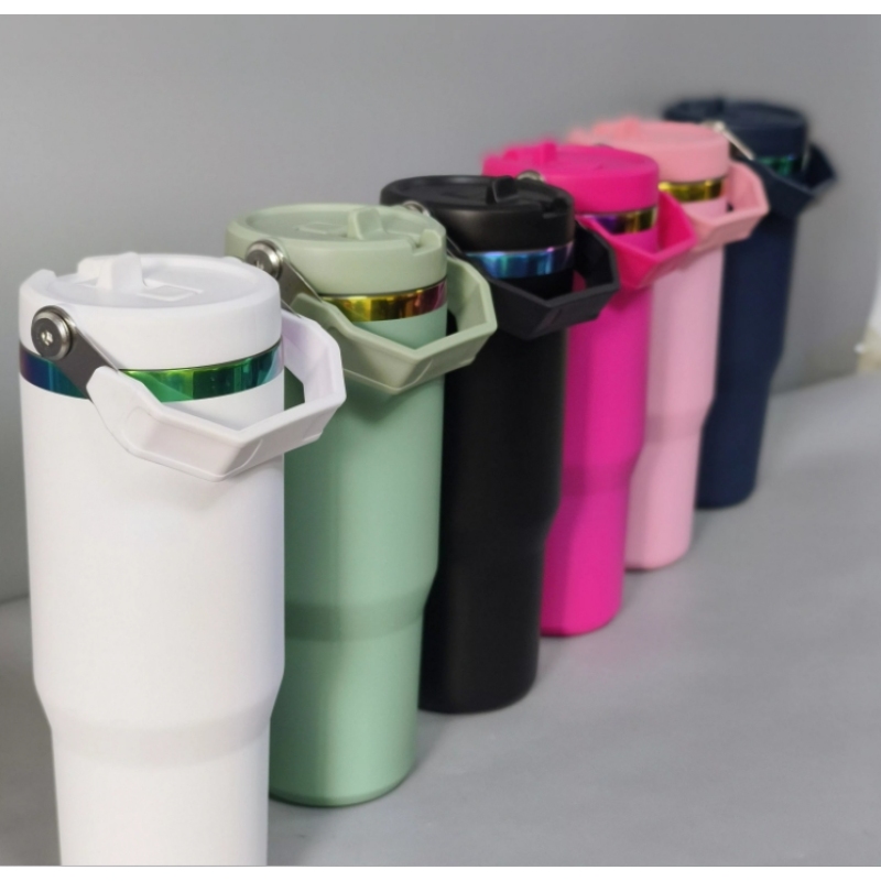 Custom Rainbow Under Tumbler Powder Coated 30oz Water Bottle With Leak Proof Flip Straw Lid Portable Handle for Laser Engraving