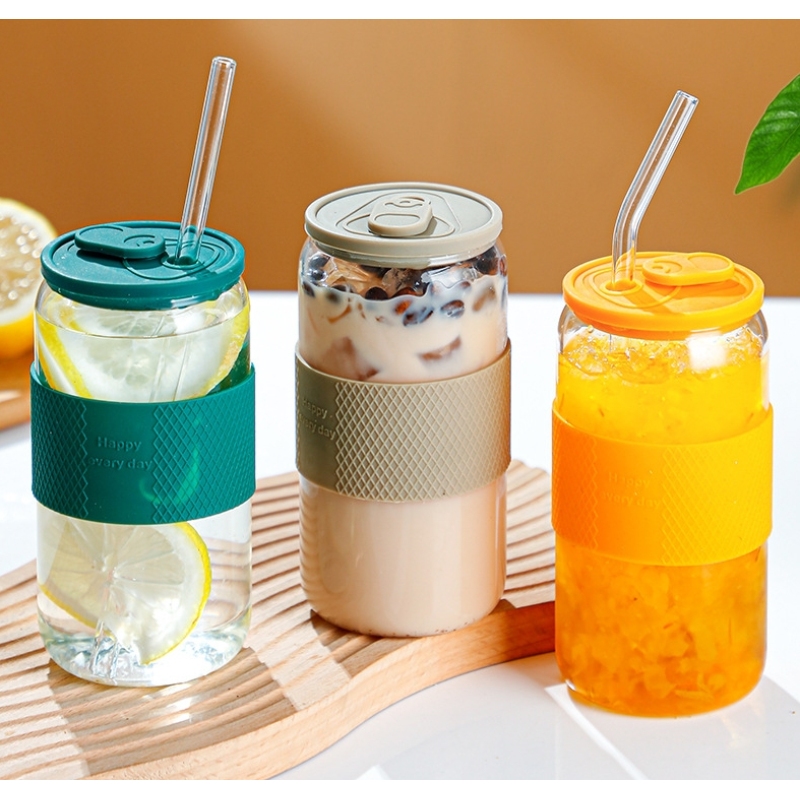 16oz 20oz Thicken Reusable Glass Tumblers with Lids Straws Removable Silicone Sleeve for Hot /Iced Drinking Travel Water Bottle