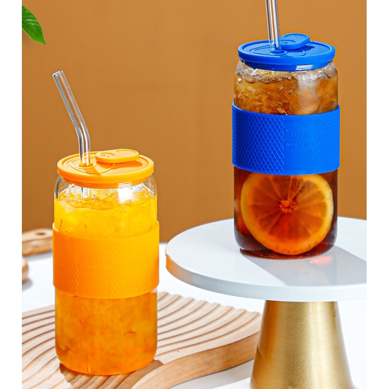 16oz 20oz Thicken Reusable Glass Tumblers with Lids Straws Removable Silicone Sleeve for Hot /Iced Drinking Travel Water Bottle