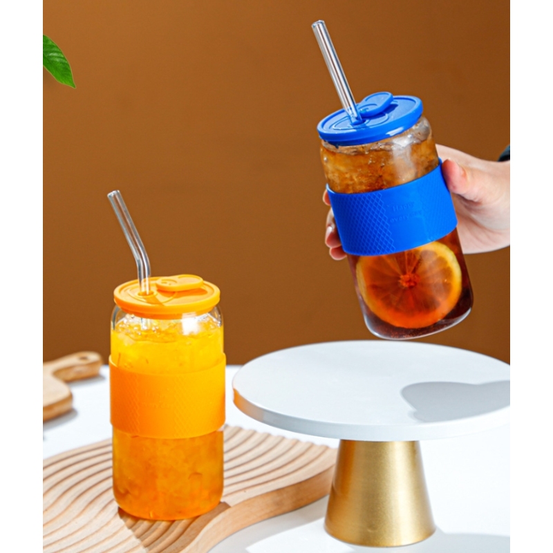 16oz 20oz Thicken Reusable Glass Tumblers with Lids Straws Removable Silicone Sleeve for Hot /Iced Drinking Travel Water Bottle