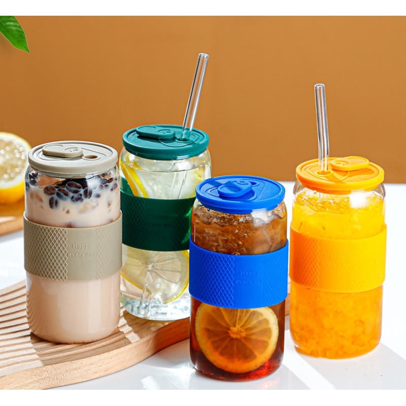 16oz 20oz Thicken Reusable Glass Tumblers with Lids Straws Removable Silicone Sleeve for Hot /Iced Drinking Travel Water Bottle