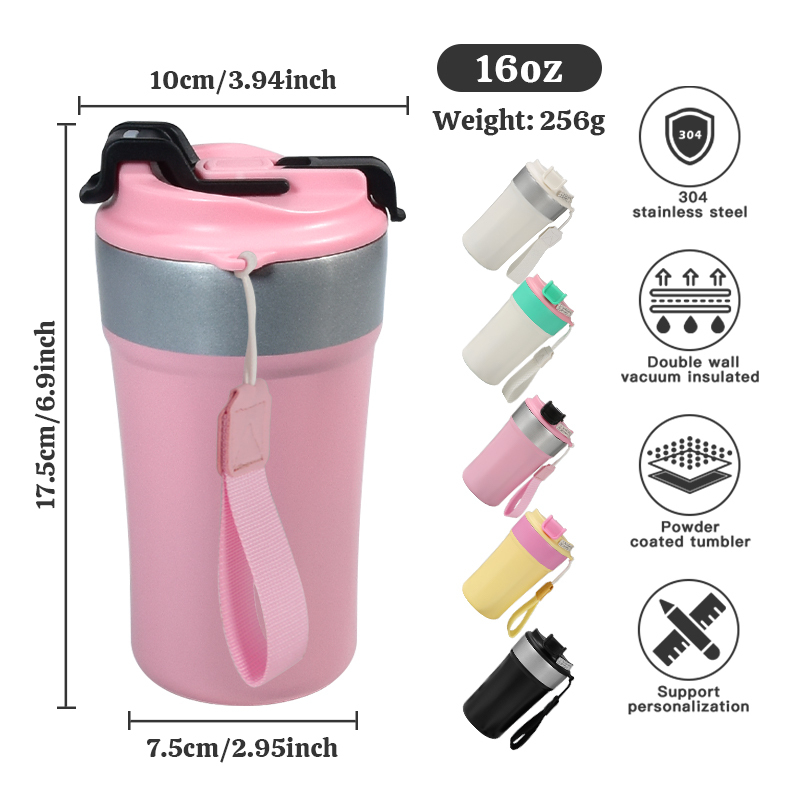 16oz Travel Mug Insulated Coffee Cup Stainless Steel Vacuum Mug Reusable Double Walled Tumbler with 2in1 Lids
