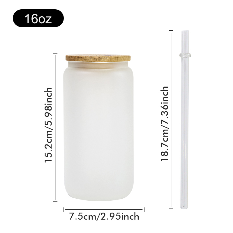 US Warehouse RTS 50pcs/ctn 16oz Glass Can Frosted Sublimation Glass Tumler Mugs with Bamboo Lid and Plastic Straw