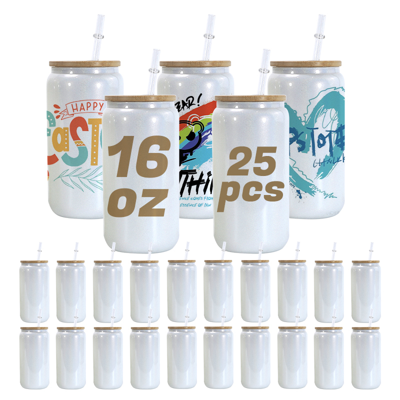 RTS USA Warehouse in Stock 25pcs/ctn 16oz Sublimation Shimmer White Glass Can with Bamboo Lid and Plastic Straw