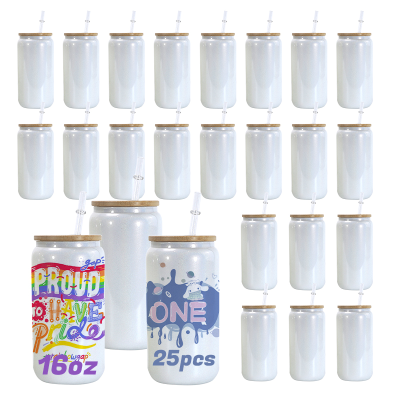 RTS USA Warehouse in Stock 25pcs/ctn 16oz Sublimation Shimmer White Glass Can with Bamboo Lid and Plastic Straw