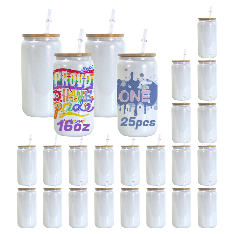 RTS USA Warehouse in Stock 25pcs/ctn 16oz Sublimation Shimmer White Glass Can with Bamboo Lid and Plastic Straw