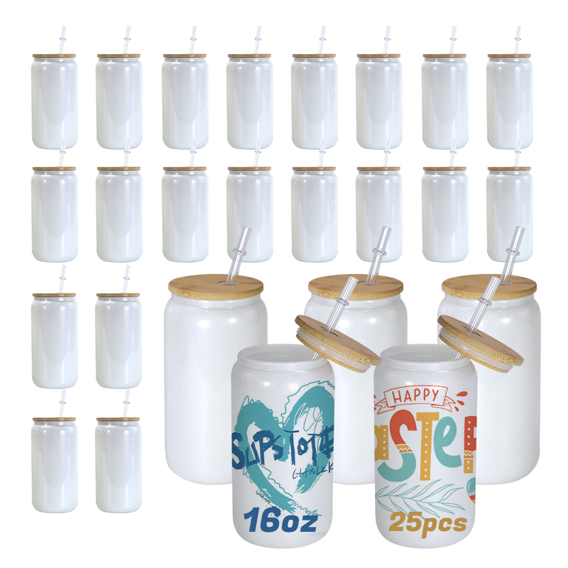 RTS USA Warehouse in Stock 25pcs/ctn 16oz Sublimation Shimmer White Glass Can with Bamboo Lid and Plastic Straw