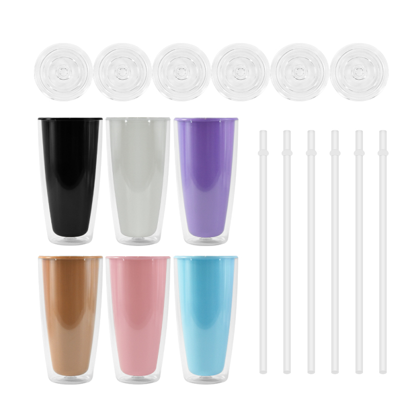 24oz Personalized Plastic Cups BPA Free Double Wall Clear Plastic Juice Water Tumbler Tea Coffee Mug With Straw and Lids