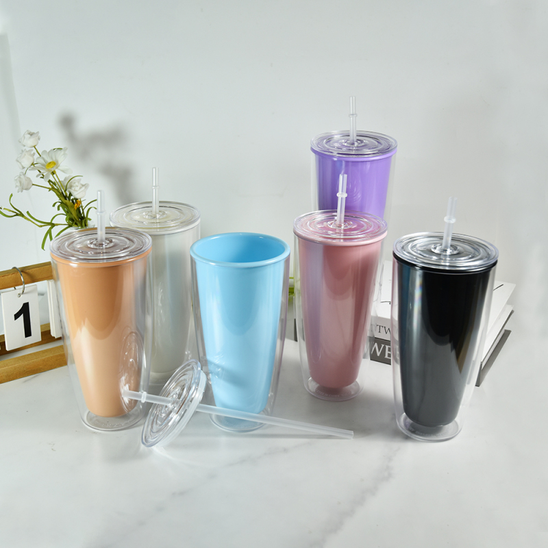 24oz Personalized Plastic Cups BPA Free Double Wall Clear Plastic Juice Water Tumbler Tea Coffee Mug With Straw and Lids