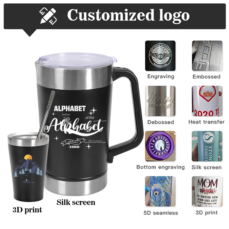 Personalized 1900ml 150ml Ice Bucket Cup Set Stainless Steel Powder Insulated Beer Mug Large Capacity Tumbler with Handle Straw