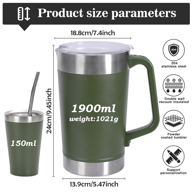Personalized 1900ml 150ml Ice Bucket Cup Set Stainless Steel Powder Insulated Beer Mug Large Capacity Tumbler with Handle Straw