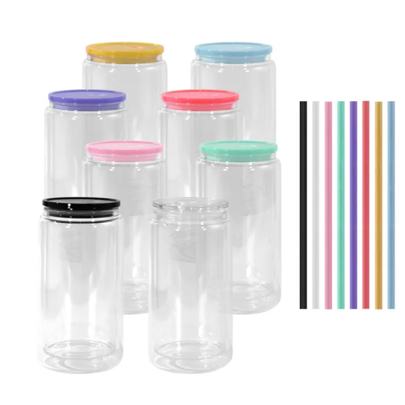 RTS US Warehouse 16oz Glass Snow Globe Pre-Drilled Blank 12oz Inner Double Wall Beer Glass Can with Color Plastic Straw Lid Hole