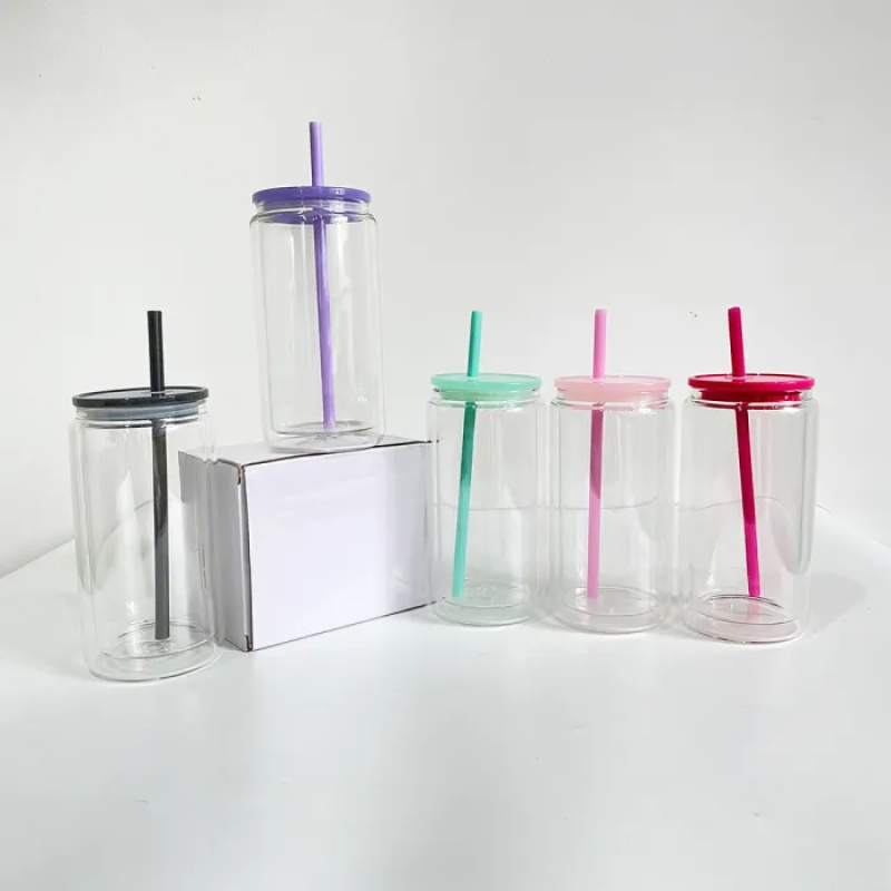RTS US Warehouse 16oz Glass Snow Globe Pre-Drilled Blank 12oz Inner Double Wall Beer Glass Can with Color Plastic Straw Lid Hole
