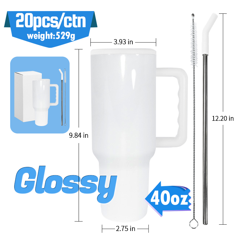 USA CN Warehouse 40oz Mug H3.0 Sublimation White 40oz Double Wall Stainless Steel Travel Handle Tumbler With Straw Metal Brush