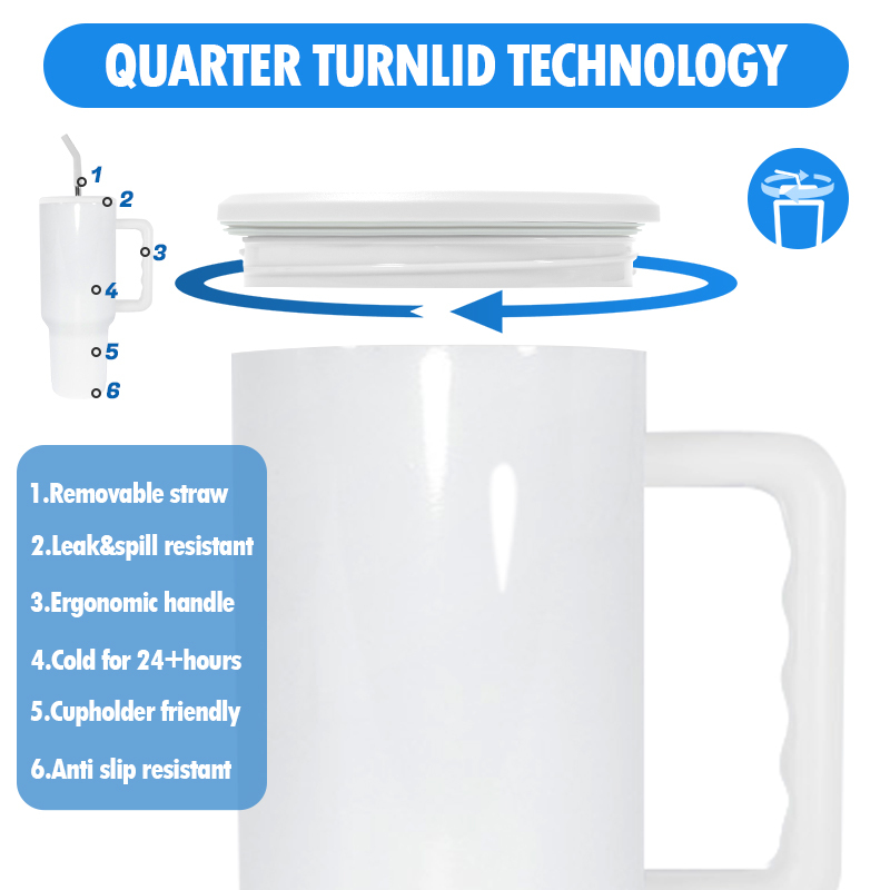 USA CN Warehouse 40oz Mug H3.0 Sublimation White 40oz Double Wall Stainless Steel Travel Handle Tumbler With Straw Metal Brush