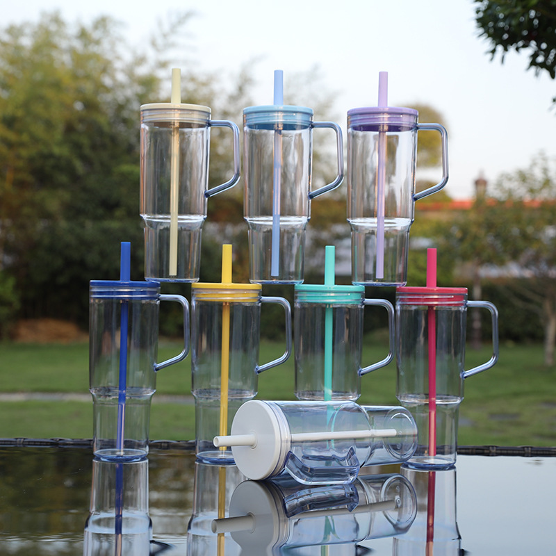 Custom 40oz Clear Plastic Tumbler 1200ml Travel Mugs Single Wall Bottle Color AS Mug BPA Free Cup with Handle Straw Screw on Lid
