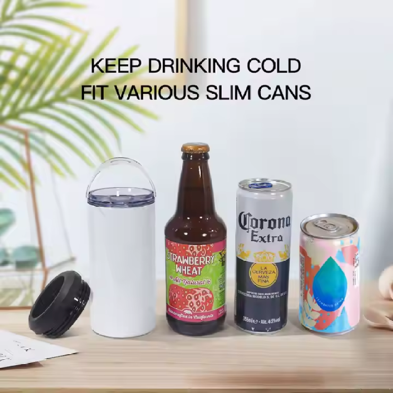 US Warehouse 16oz 4 in 1 Can Cooler Glossy Stainless Steel Tumbler Two Lids Sublimation Blanks Cup for Beer Drinks Office 25pcs