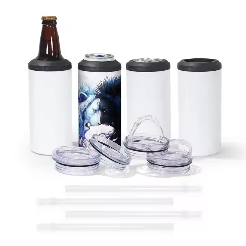 US Warehouse 16oz 4 in 1 Can Cooler Glossy Stainless Steel Tumbler Two Lids Sublimation Blanks Cup for Beer Drinks Office 25pcs