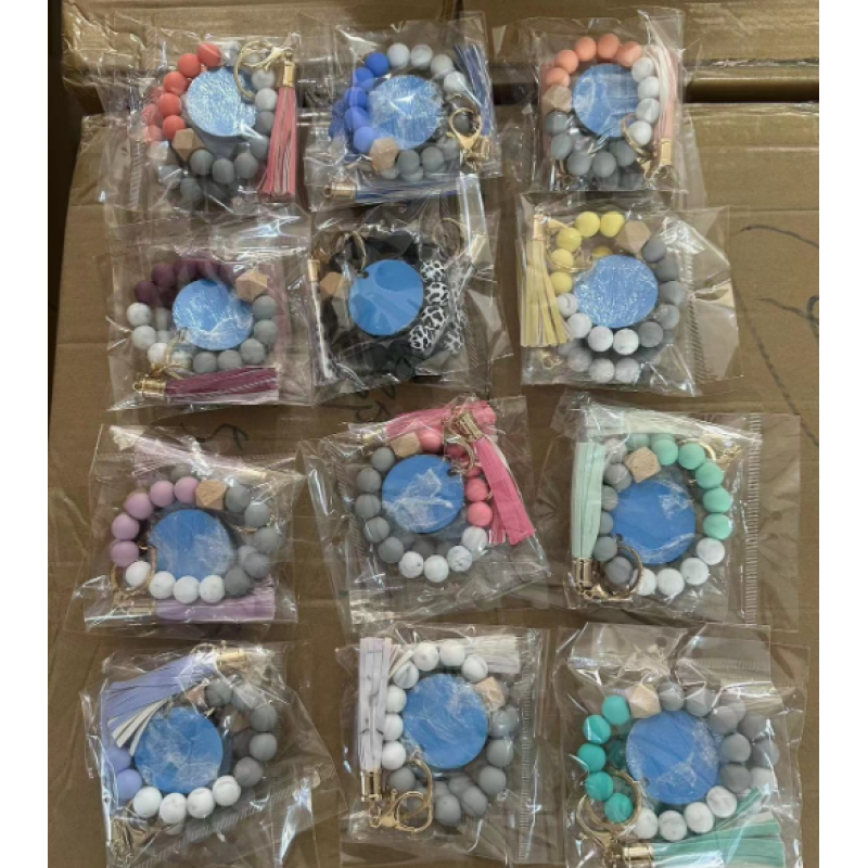 RTS US 30PCS/CTN Silicone Beads Bracelet Elastic Wristlet With Sublimation MDF Wristlet Keychain Bracelet for Mother's Day Gift