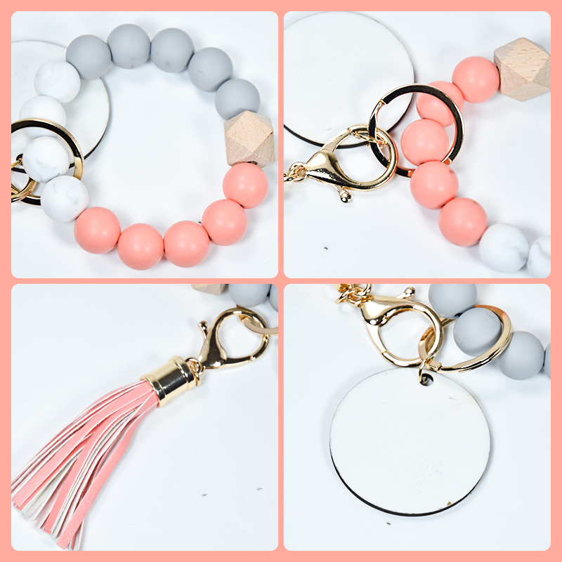 RTS US 30PCS/CTN Silicone Beads Bracelet Elastic Wristlet With Sublimation MDF Wristlet Keychain Bracelet for Mother's Day Gift