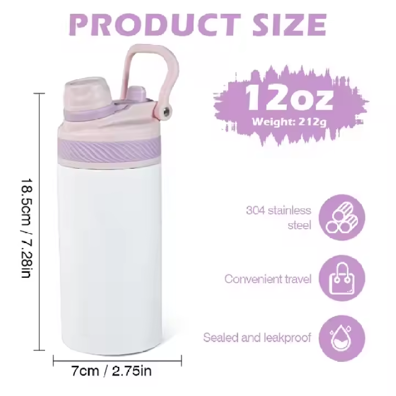 US Warehouse 25pcs 12oz Sublimation Gym Sport School Water Bottle Insulated Kids Flat Tumbler 2-in-1 Screw Lid Cup for Hot Water