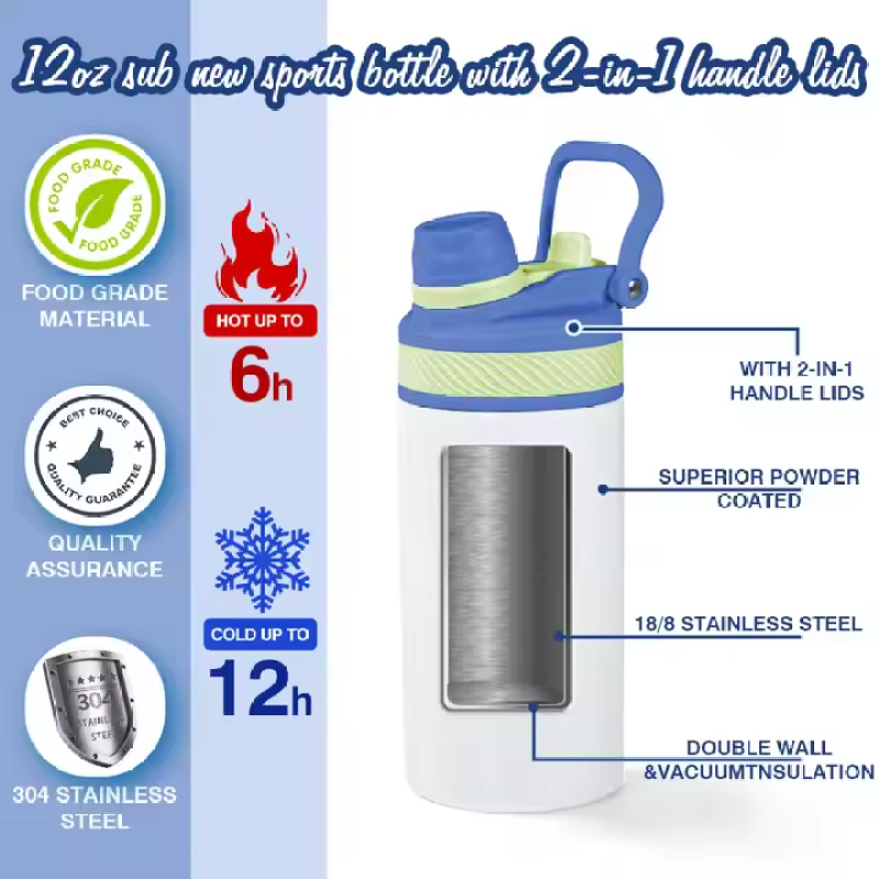 US Warehouse 25pcs 12oz Sublimation Gym Sport School Water Bottle Insulated Kids Flat Tumbler 2-in-1 Screw Lid Cup for Hot Water