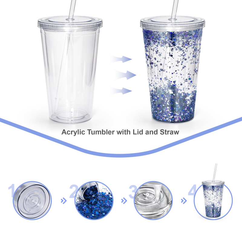 Factory Wholesale Pre -Drilled Acrylic Double Wall  12oz 16oz 24oz  Plastic Tumbler with Plug  Glitter for DIY Sticker Glitter
