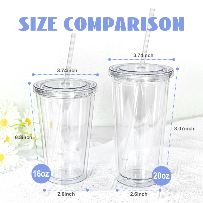 Factory Wholesale Pre -Drilled Acrylic Double Wall  12oz 16oz 24oz  Plastic Tumbler with Plug  Glitter for DIY Sticker Glitter