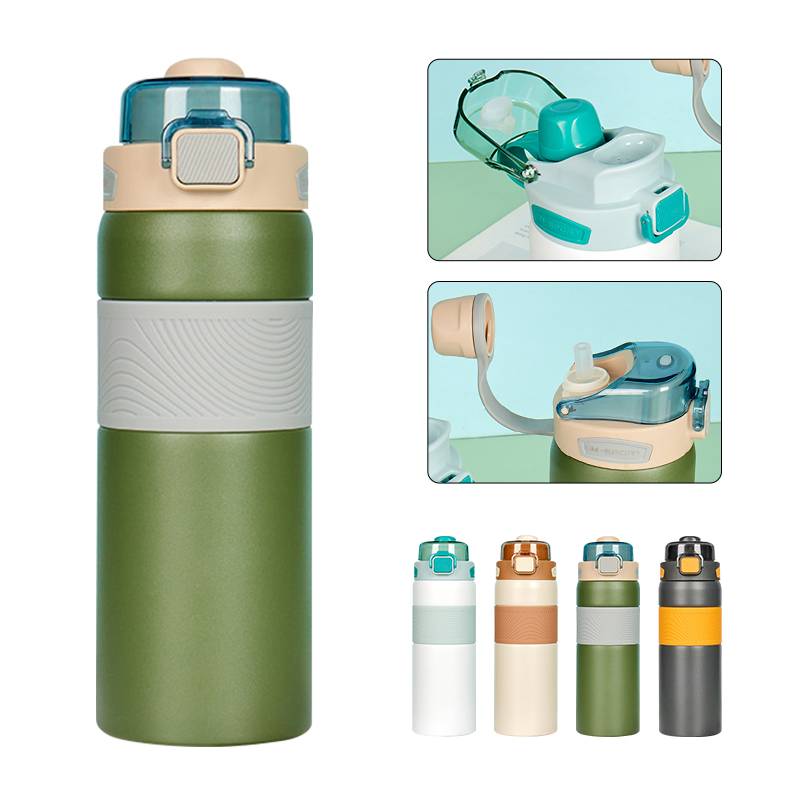 Wholesale 800ml Stainless Steel Cup Powder Coated Portable Vacuum Insulated Water Bottle With Bounce Button Screw on Lid Straw
