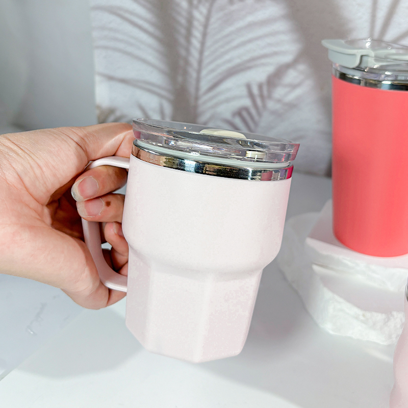 Plastic Outer 12oz Stainless Steel Tumbler with Handle Lid Travel Coffee Mug Spill Proof Metal Tumbler Cup