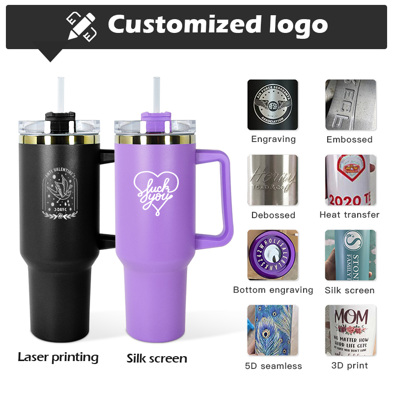 Powder Coated Plating Rainbow /Gold/ Black /Purple 40oz Handle Tumbler Personalized Laster Engraved 40oz H1.0 H2.0 Bottles