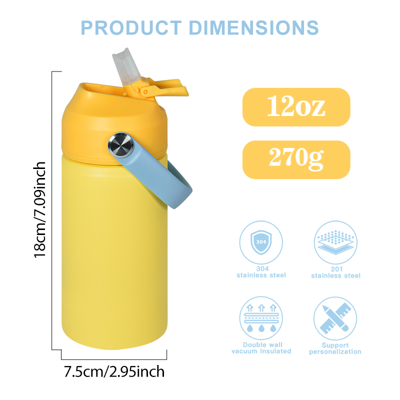 Double Wall 304 Stainless Steel BPA Free 12oz Kid Water Bottle for School with Straw Lid Flask for Back to School