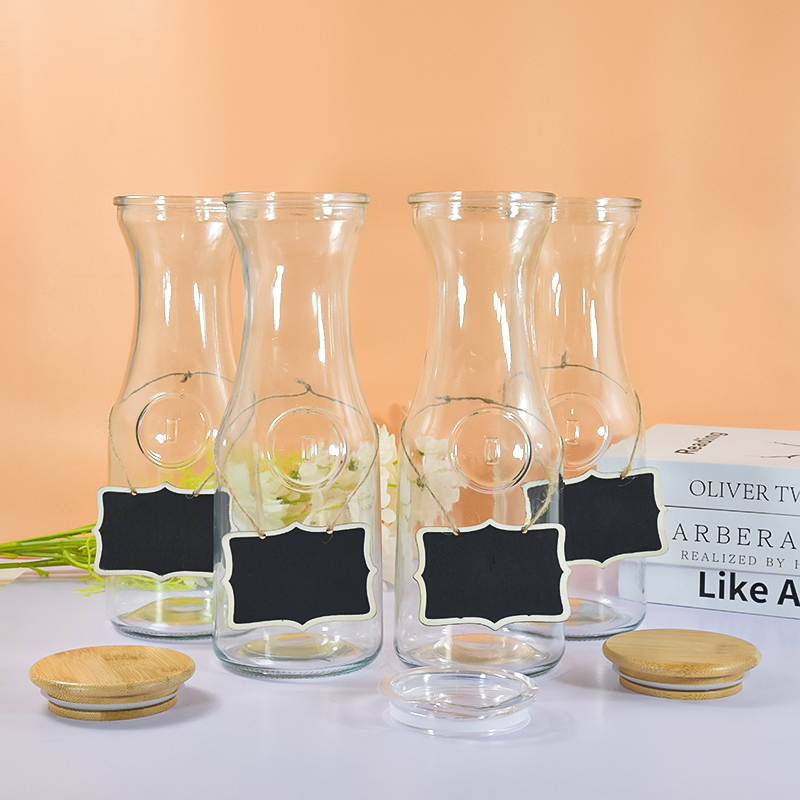 Direct Sales 1L Narrow Neck Beverage Milk Drink 32OZ Water Bottle Glass Carafe and Pitcher With Lids 4pcs/ctn