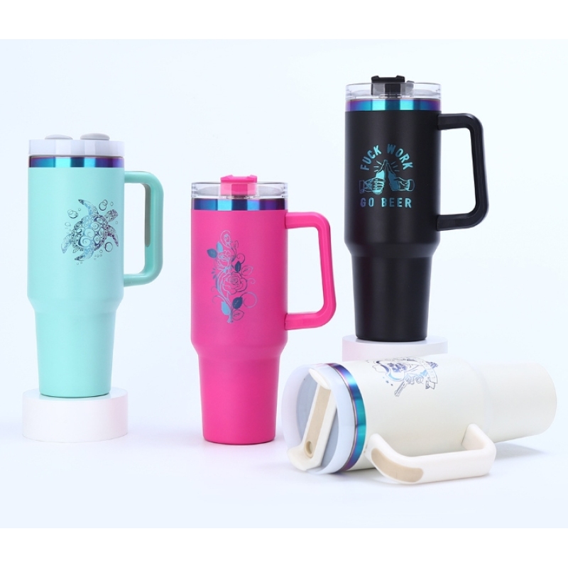IN STOCK Laser Electroplating 40oz Powder Coated Mugs Colors Insulated Stainless Steel H2.0 Tumbler with Handle Laser Engraving