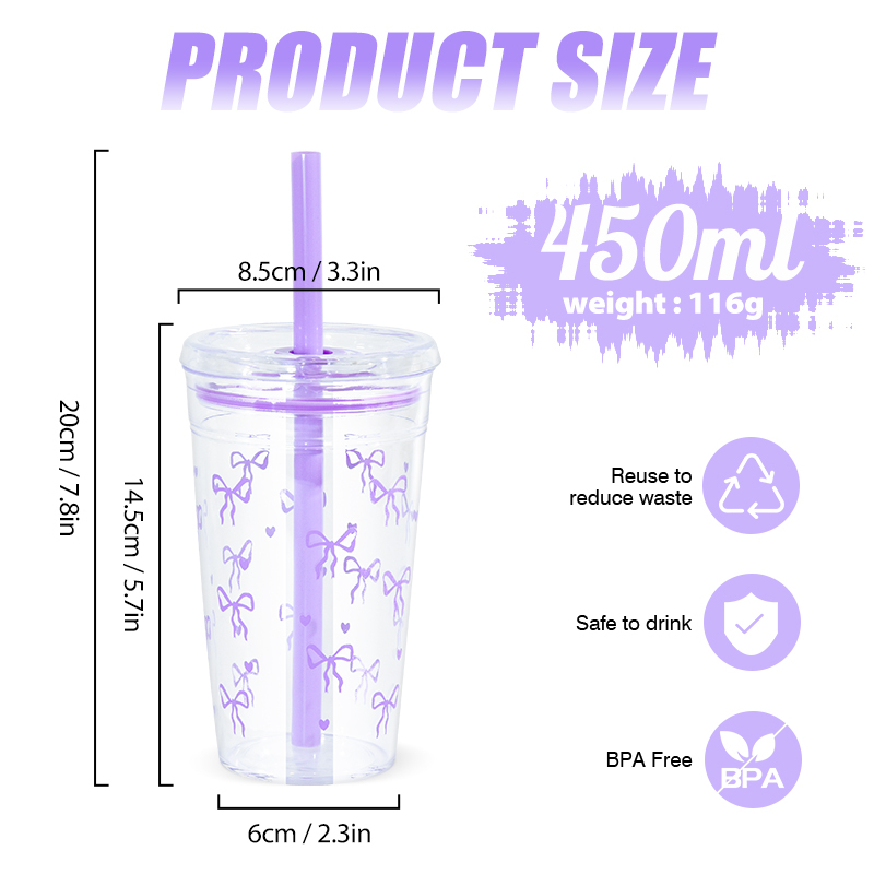 New 450ml Tumbler Cup Single Wall Tumbler Reusable Plastic Coffee Mug with Lids and Colored Straw