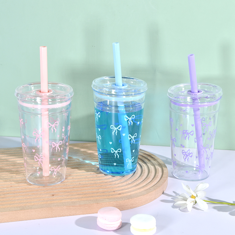 New 450ml Tumbler Cup Single Wall Tumbler Reusable Plastic Coffee Mug with Lids and Colored Straw