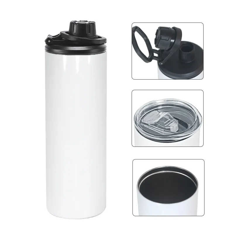 RTS 30pcs/ctn Sublimation Blank 20oz Straight Sports Water Bottle with Two Lids Handle Lids for Hiking Camping