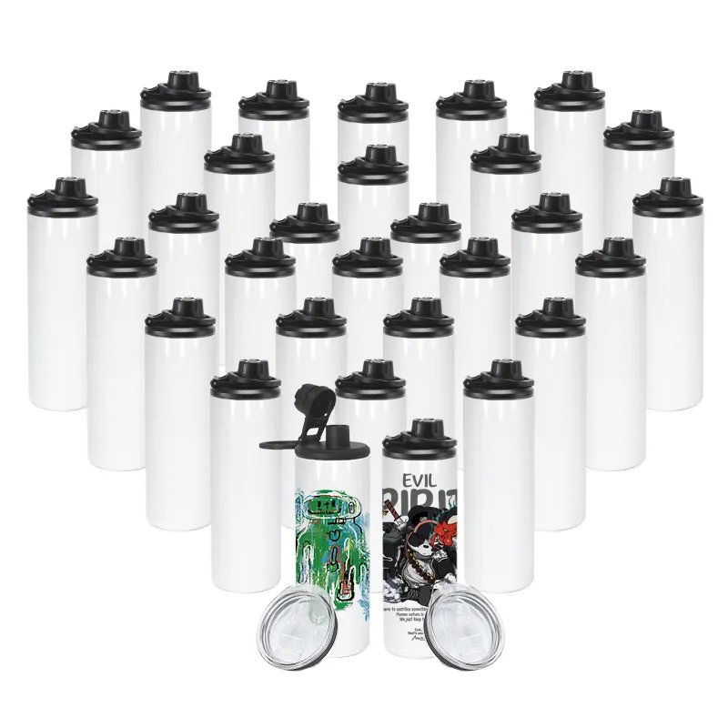 RTS 30pcs/ctn Sublimation Blank 20oz Straight Sports Water Bottle with Two Lids Handle Lids for Hiking Camping