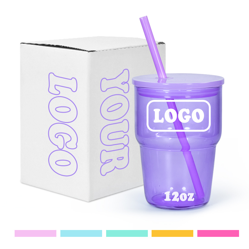 12 oz Miniature Jelly Color Clear New 12 oz Mini Shot Glasses Blank Sublimation Glass Tumbler Cup with Lid and Plastic Straw
