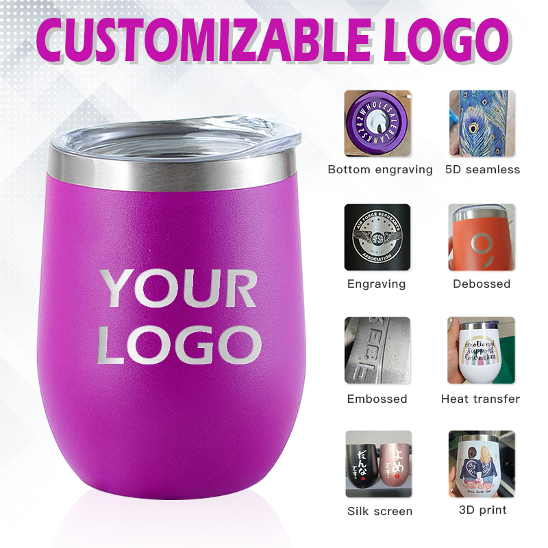 Wholesale Custom Stainless Steel Stemless 12oz Wine Tumblers with Lid and Straw Vacuum Insulated 12 oz Glass Wine Cups