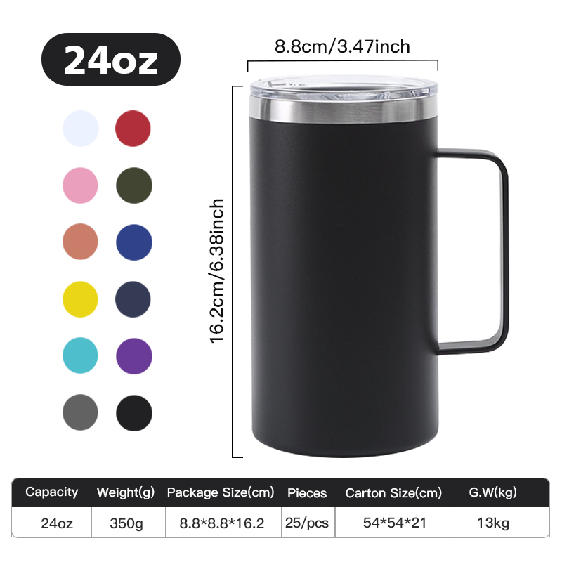 Custom 24oz Insulated Tumbler Powder Coated 24oz Metal Mugs With Handle Brief Stainless Steel Beer Mug Insulated Cup
