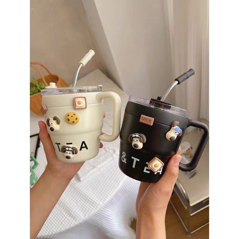Custom 480ml 16oz Coffee Mug Stainless Steel Vacuum Insulated Tumbler Anti Slip Coffee Tea Cups with Handle Straw Sticker Brush