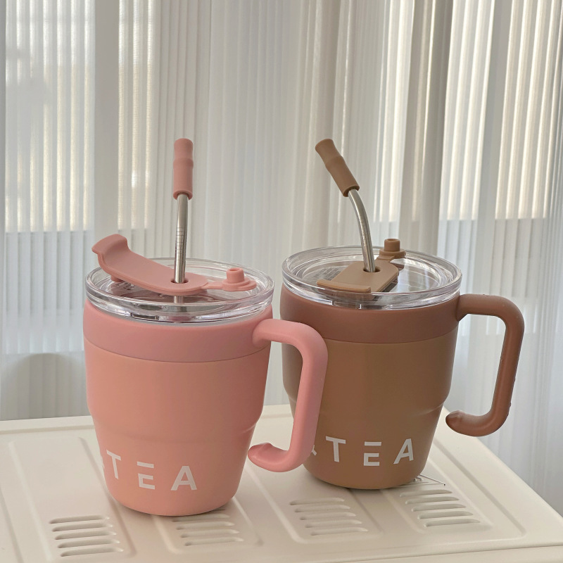 Custom 480ml 16oz Coffee Mug Stainless Steel Vacuum Insulated Tumbler Anti Slip Coffee Tea Cups with Handle Straw Sticker Brush