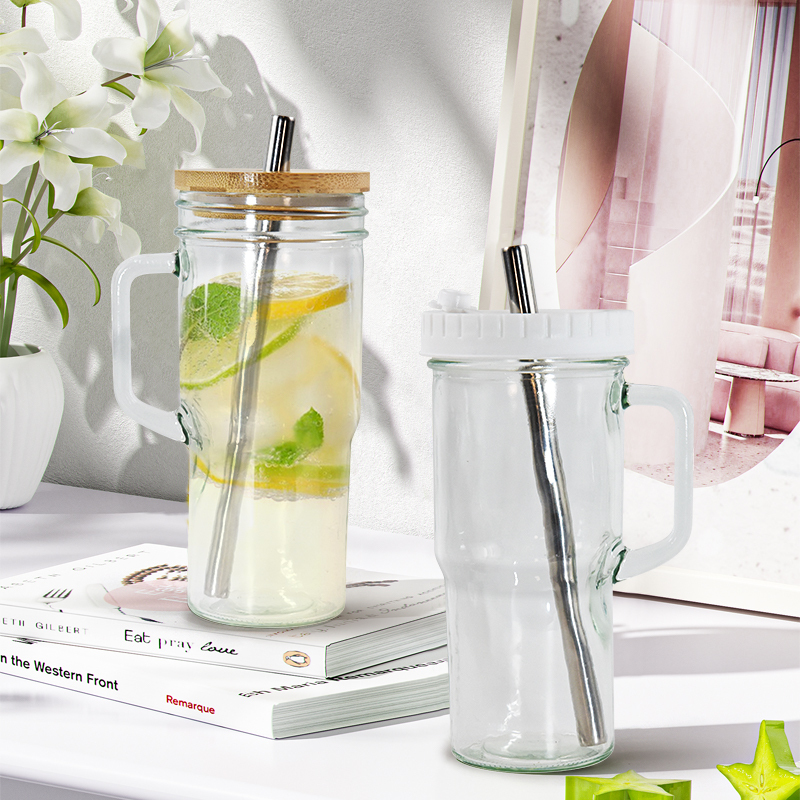 New 24oz Vintage Glass Cup with Handle with Bamboo Lids and Straws - Borosilicate Glass Tumbler for Hot and Cold Drinks