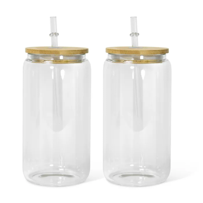 US Warehouse RTS 16oz Sublimation Blanks Glass Tumbler Mugs Clear Single Wall Glass with Bamboo Lid Plastic Straw 25pcs/ctn